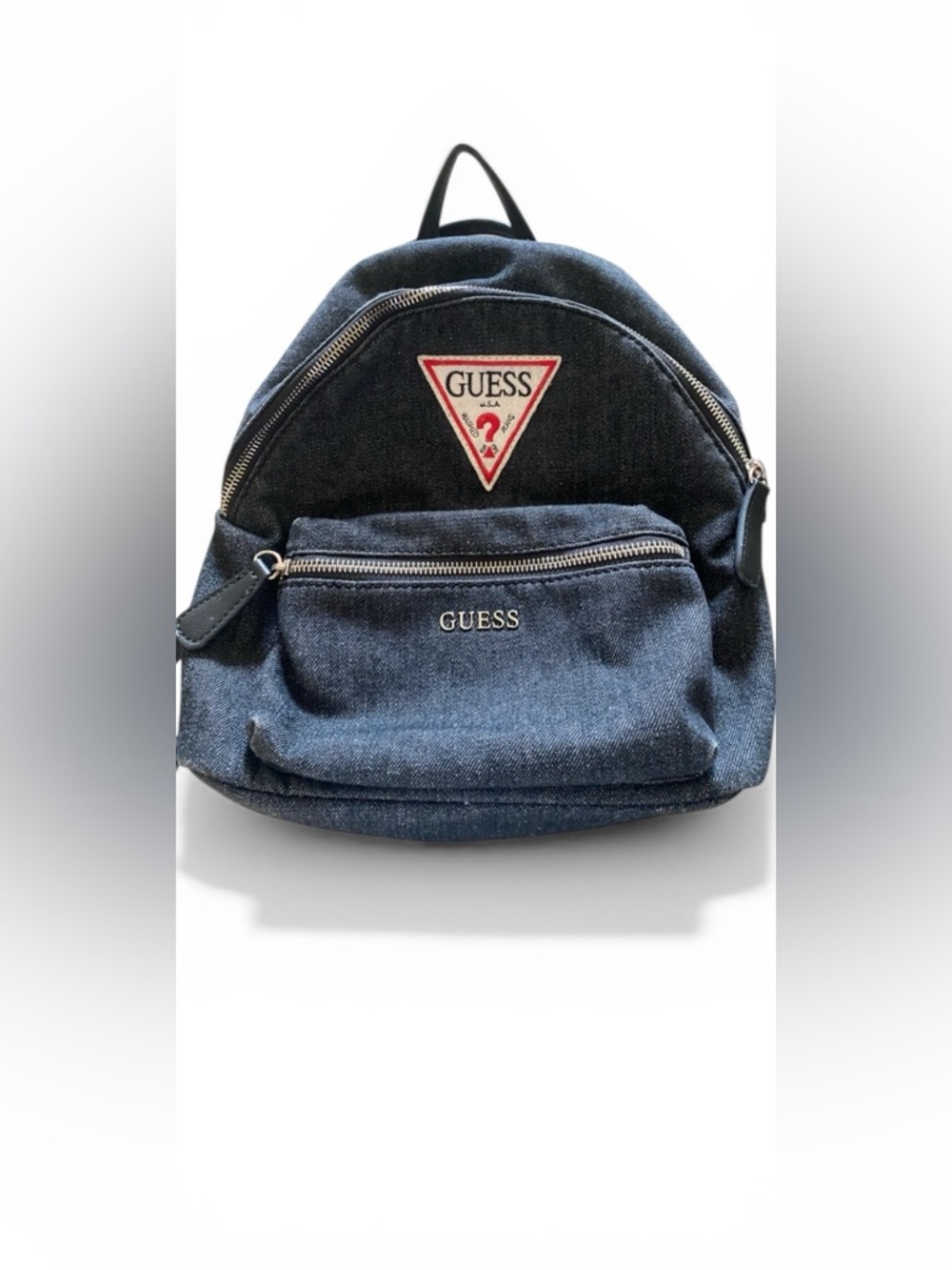 GUESS Dark Blue Denim Backpack with Silver Hardware